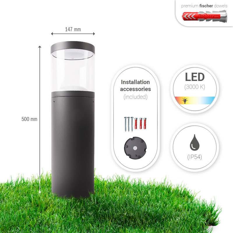 Aleida Anthracite Integrated LED Metal Bollard Light, 50cm H x 14.7cm W x 14.7cm D