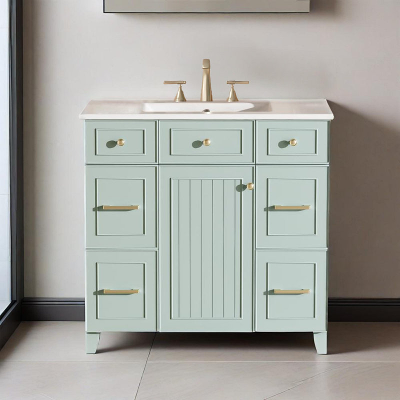 Meuble-lavabo de 36 po avec lavabo en céramique, portes à fermeture douce, 2 tiroirs doubles et 2 tiroirs standards