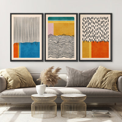 Abstract Vibrant Color Blocks " Mid-century Modern Multicolor Block Colourful Framed Abstract Geometric Canvas Print Wall Art " 3 - Pieces
