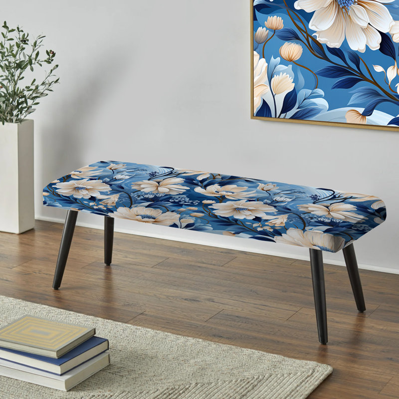 Banc rembourré floral noir, Motif de pivoines bleues et blanches enchantées I