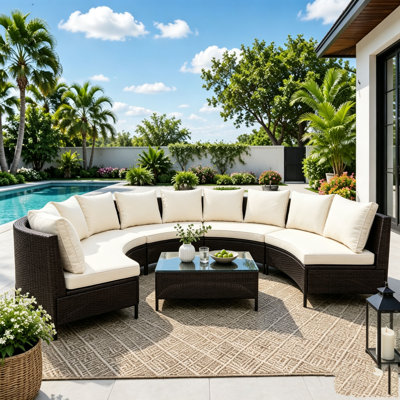 5 Pieces All-Weather PE Rattan Wicker Sofa Set Outdoor Patio Sectional Furniture Set Half-Moon Sofa Set with Tempered Glass Table
