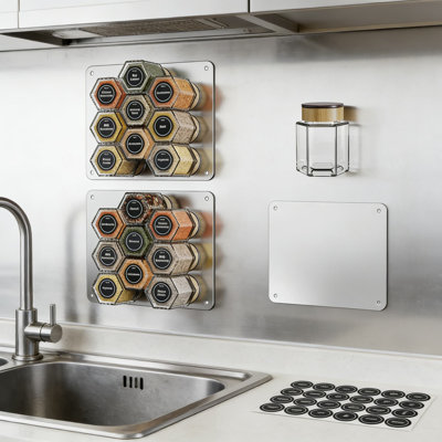 Pots à épices magnétiques en verre avec étiquettes et support mural, ensemble de 18 pièces pour le rangement de la cuisine organisée