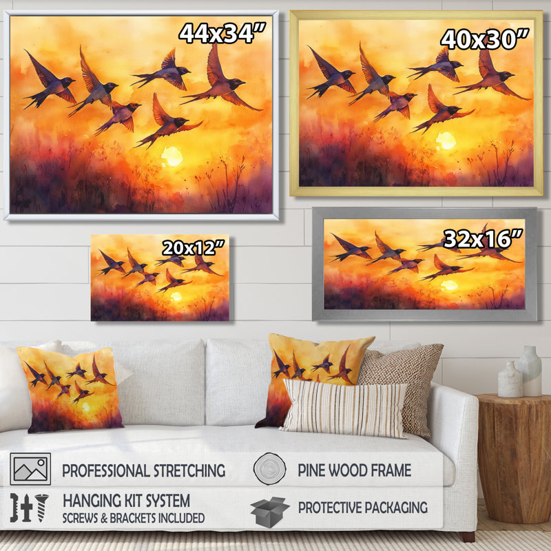 Swallows Birds At Sunset III - oiseau, art mural, H 24 po x l 32 po, Cadre flottant, Argent argent