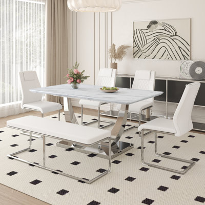 Dining Set: Large Modern Rectangular Table With White Textured Top And Silver Metal Legs, Featuring Soft Pu Seats With Faux Leather Upholstery And Sturdy Metal Legs, Ideal For Contemporary Spaces