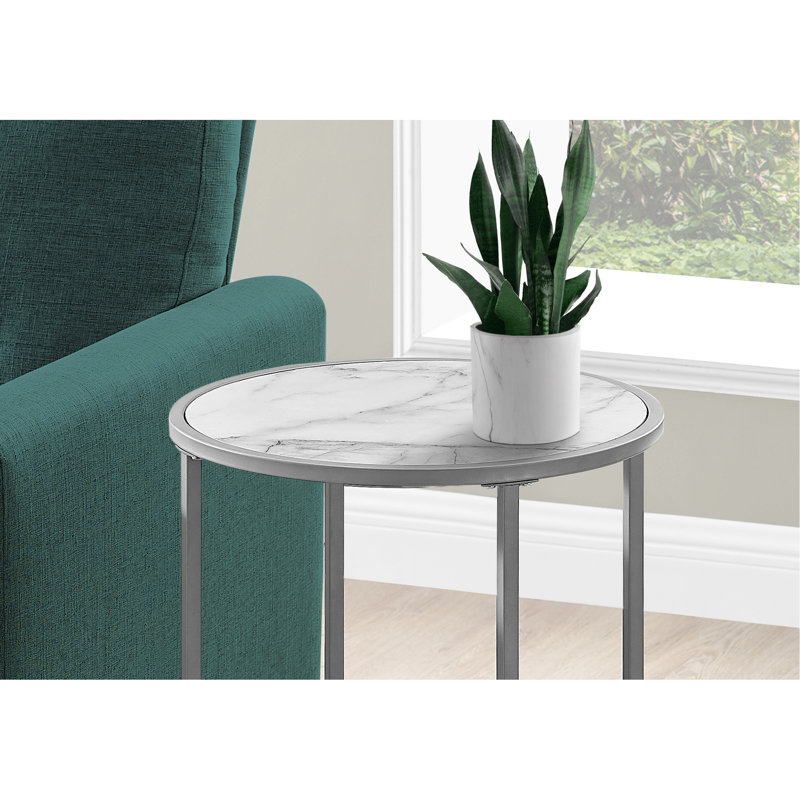 Table d'appoint moderne avec dessus en marbre blanc et pieds ronds en métal gris pour stratifié