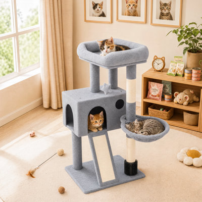 Arbre à chat 36 po, maison de chat avec chaton, poteau à griffer en sisal et rampe