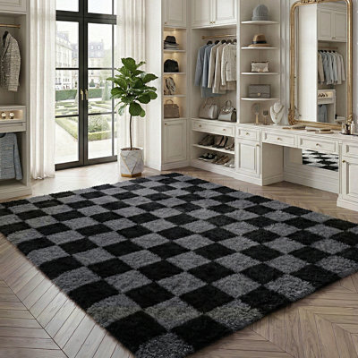 Plush Checkered Shag Area Rug - Soft Fluffy Black Grey Grid Fleece Carpet for Living Room, Bedroom, Dry-Clean Only, High-Pile Shaggy Rug with Modern Checkerboard Pattern, Cozy Non-Slip Floor Decor for Contemporary Home Spaces