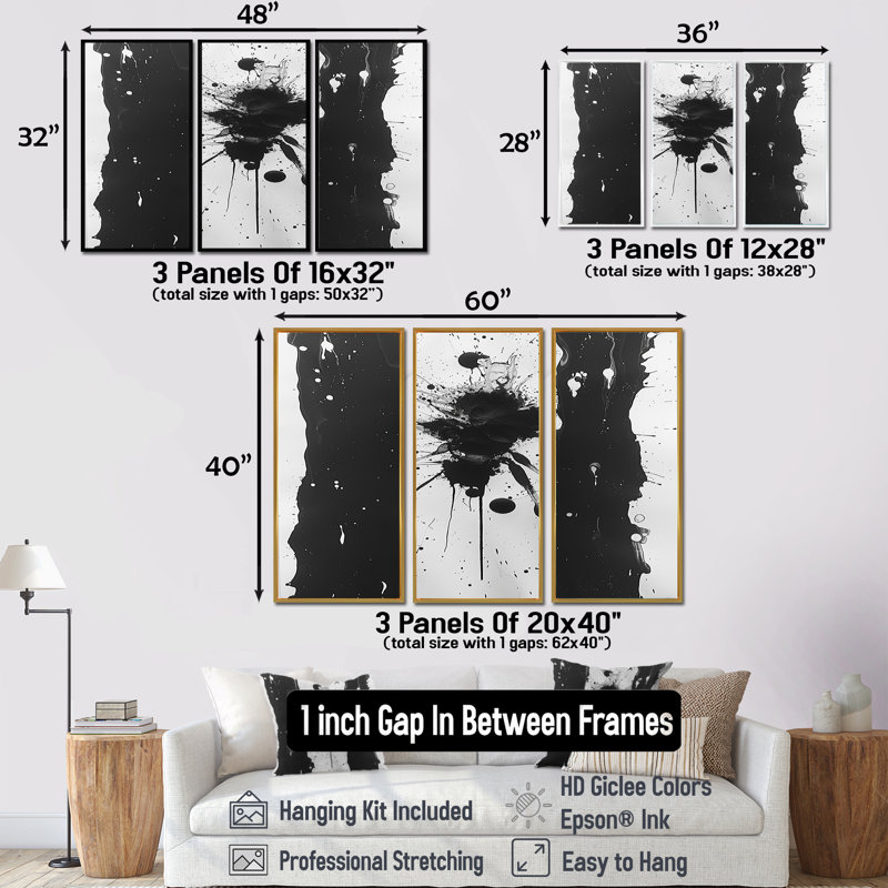 «Sudden Chaos», art mural abstrait noir et blanc, encre liquide, Cadre flottant noir, H 28 po x l 36 po x P 1 po