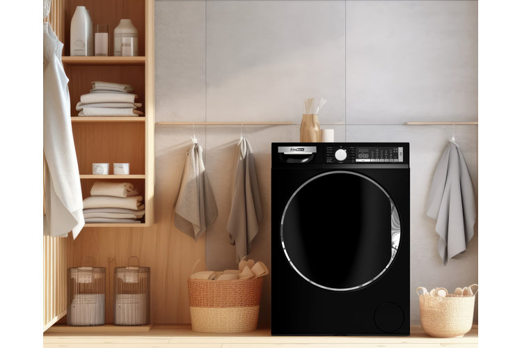 laundry room with black tumble dryer. Wood shelving with laundry detergent and accessories. Woven baskets for dirty clothing
