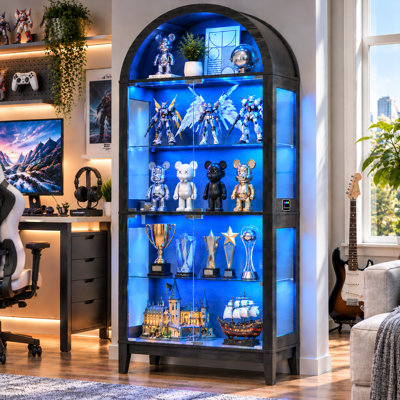 Modern Arched Display Cabinet with Tempered Glass Doors, 5 Tier Wooden Bookcase with RGB Sensor Light
