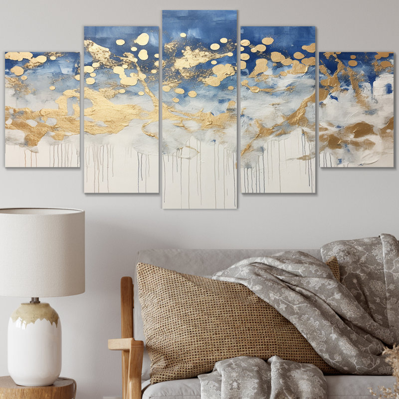 Tapisserie azur abstraite dorée et bleue IV - reproduction d'art abstrait - 5 panneaux