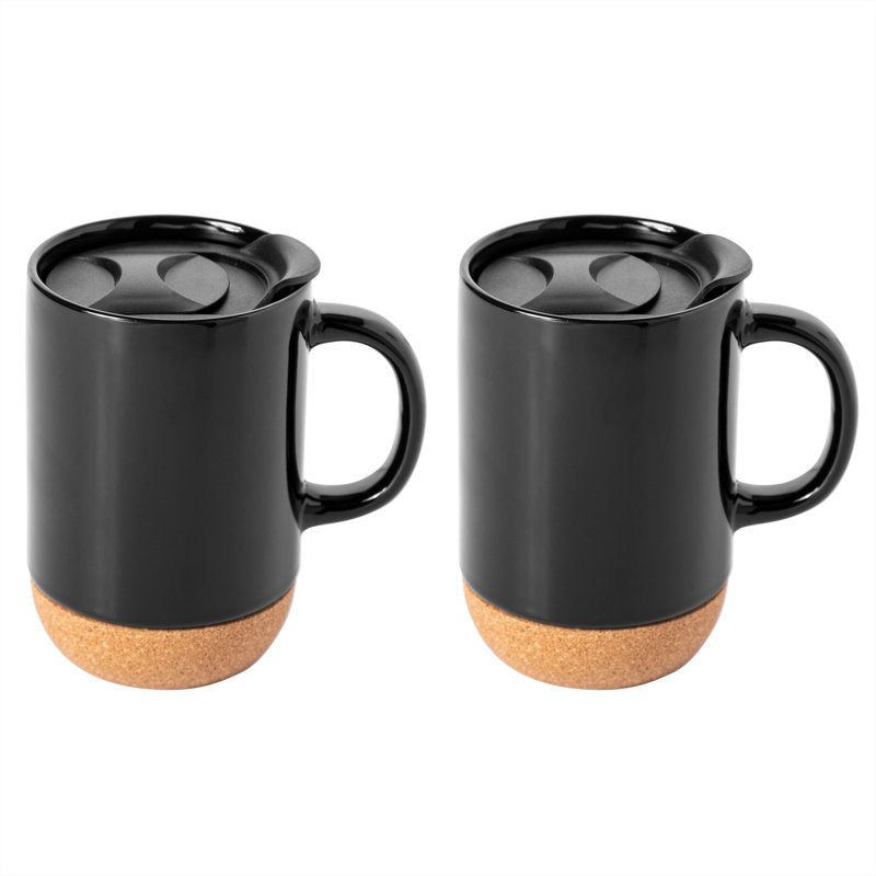 Black Ceramic Mugs with Cork Bottom and Lid, Set of 2