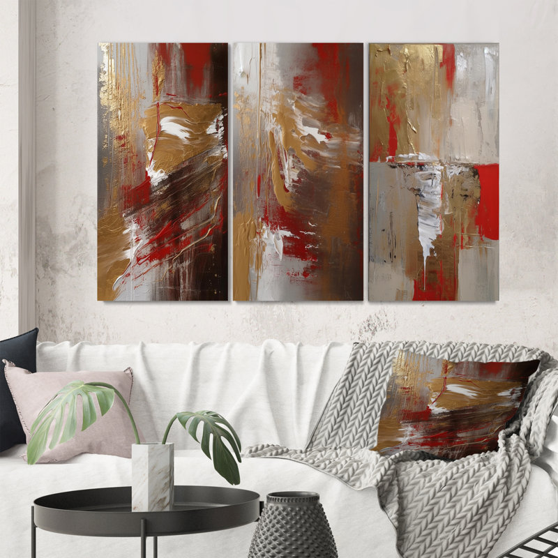 Cardinal Sin Retro Delight Abstract Red & Gold - Abstract Art Set Of 3 Pieces, Toile tendue, H 32 po x l 48 po