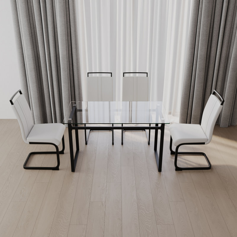 51 inch Glass Dining Table Set for 4, Dining Table & Chair Sets with Black Metal Legs for Kitchen, Modern Rectangle Tempered Glass Table Top and PU Dining armless Chair for Dining Room