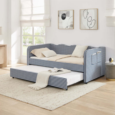 Lit de jour convertible Gingham 3 en 1 avec couchette coulissante et rangement latéral, idéal pour les petits espaces et une utilisation polyvalente (matelas non inclus)