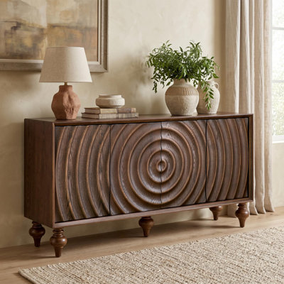 Buffet 59 po avec 4 portes et 5 pieds en bois massif, crédence de rangement moderne avec placage en bois massif pour le salon, la salle à manger ou l'entrée, noyer