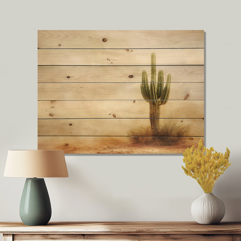 Tempête de sable Cactus I - impression de bois de cactus floral - sur bois de pin naturel, H 30 po x l 40 po x P 0,78 po