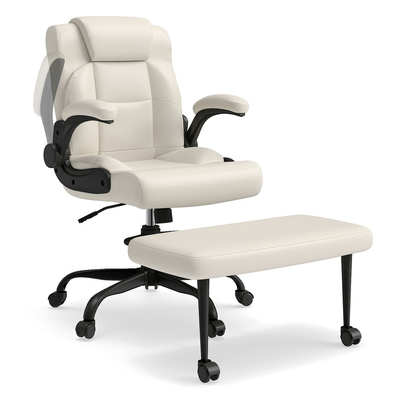 Chaise de bureau beige à pieds croisés avec assise large et repose-pieds à 360 °, Beige