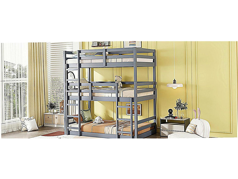 Lits simples superposés en bois d'hévéa avec deux échelles intégrées, garde-corps pleine longueur, lits simples superposés et triples amovibles