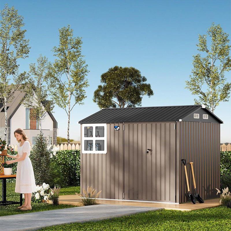 6' x 8' Outdoor Metal Storage Shed with Windows and Lockable Doors, Heavy-Duty Garden Tool Shed for Backyard, Lawn, and Poolside