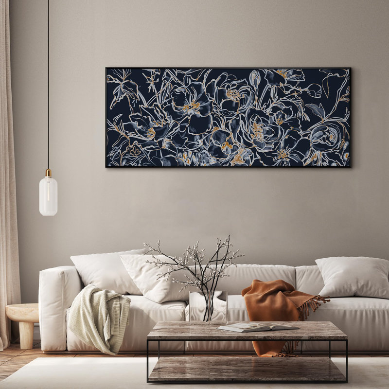Fleurs délicates dessinées à la main avec des décorations dorées, très grande impression encadrée (assemblage requis)