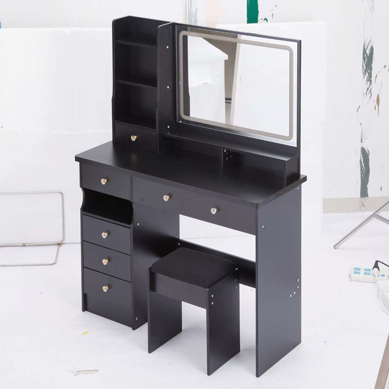 Bureau de maquillage avec miroir, lumières DEL, tiroir et tabouret, Noir