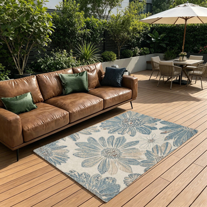 Vintage Daisy Floral Area Rug, 5' x 7' for Outdoor Garden & Nursery, Blue