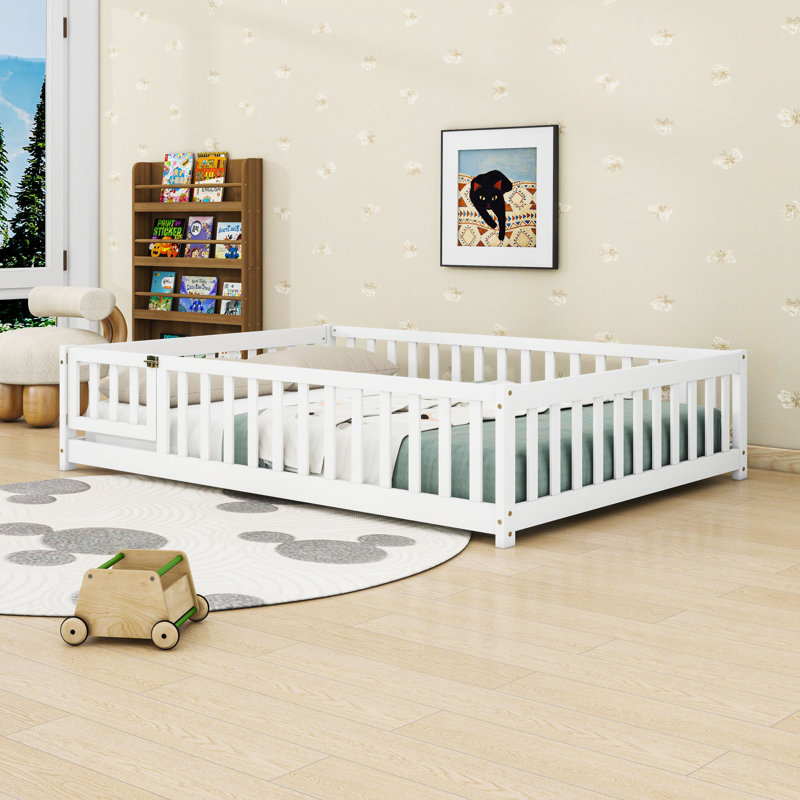 Wooden Low-Floor Bed With Enclosed Fence Design And Door, Full, White