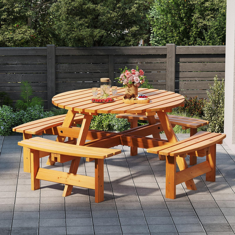 Ensemble de table de pique-nique en bois pour 8 personnes, table de camping ronde avec trou pour parasol, Jaune