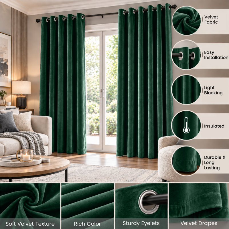 Imperial Homeware London Velvet Room Darkening Curtains, Emerald, 168 × 213 cm (Single Panel)