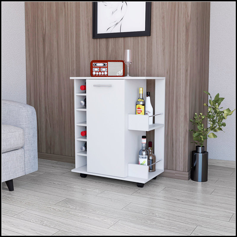Chariot-bar Woodland avec roulettes, support à vin et tablette ouverte pour un rangement élégant et organisé