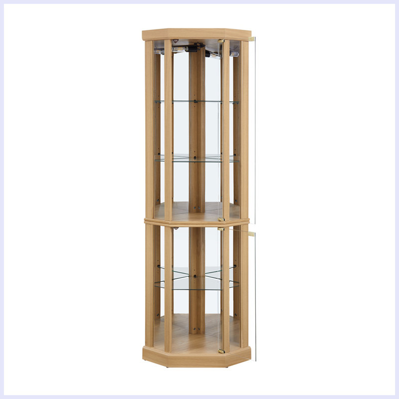 Modern Lighted Glass Curio Display Cabinet With Storage, Light Oak