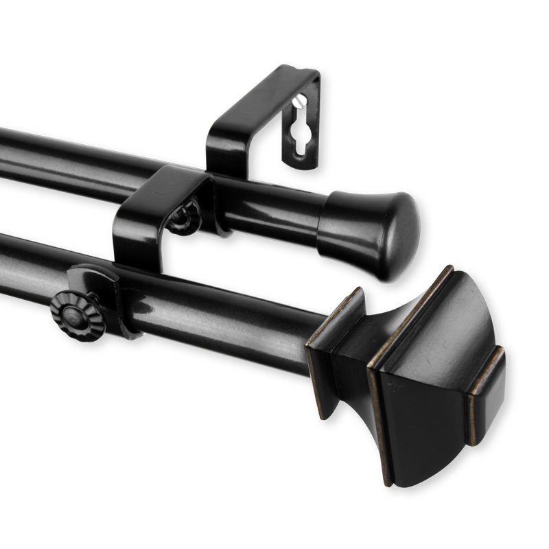 Anferney Steel Rod/Resin Finials Adjustable Double Curtain Rod, 28" - 48", Black