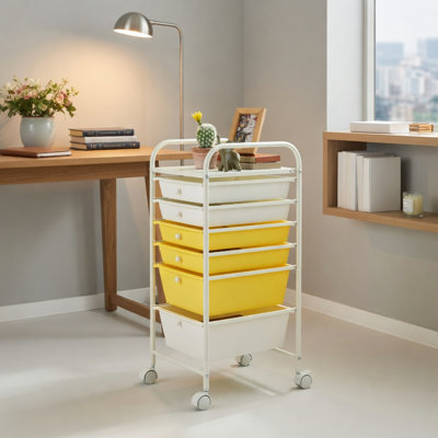  Chariot de rangement à 6 tiroirs avec freins, structure en acier et tiroirs en plastique pour l'organisation de la cuisine, de la salle de bain, du bureau ou de la salle de bricolage, beige et jaune
