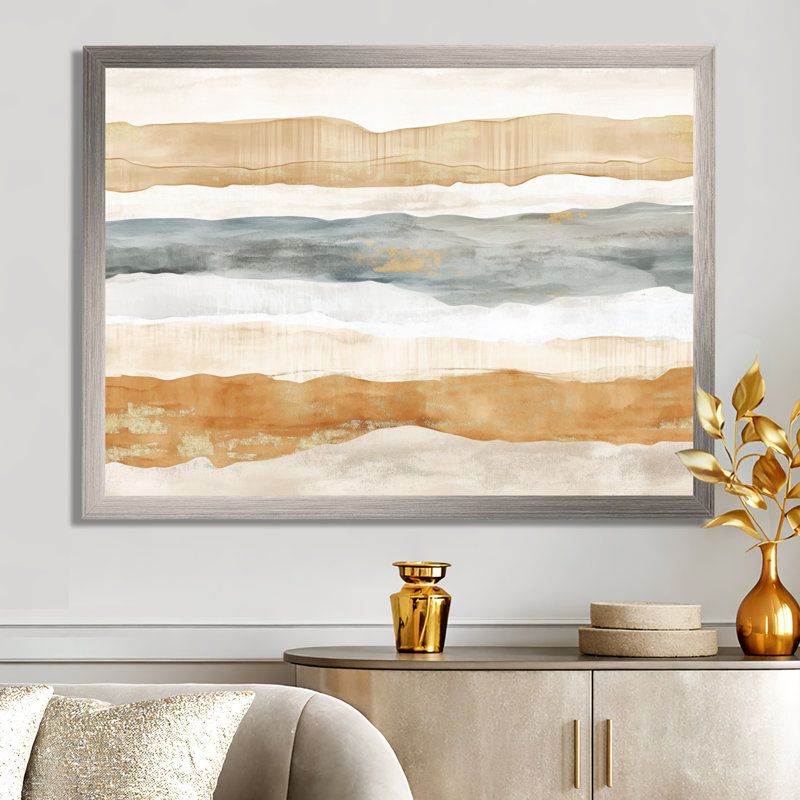 Blanc et or Horizon tropical blanc et or à la plage I - Tableau abstrait encadré, H 12 po x l 20 po, Silver Picture Framed