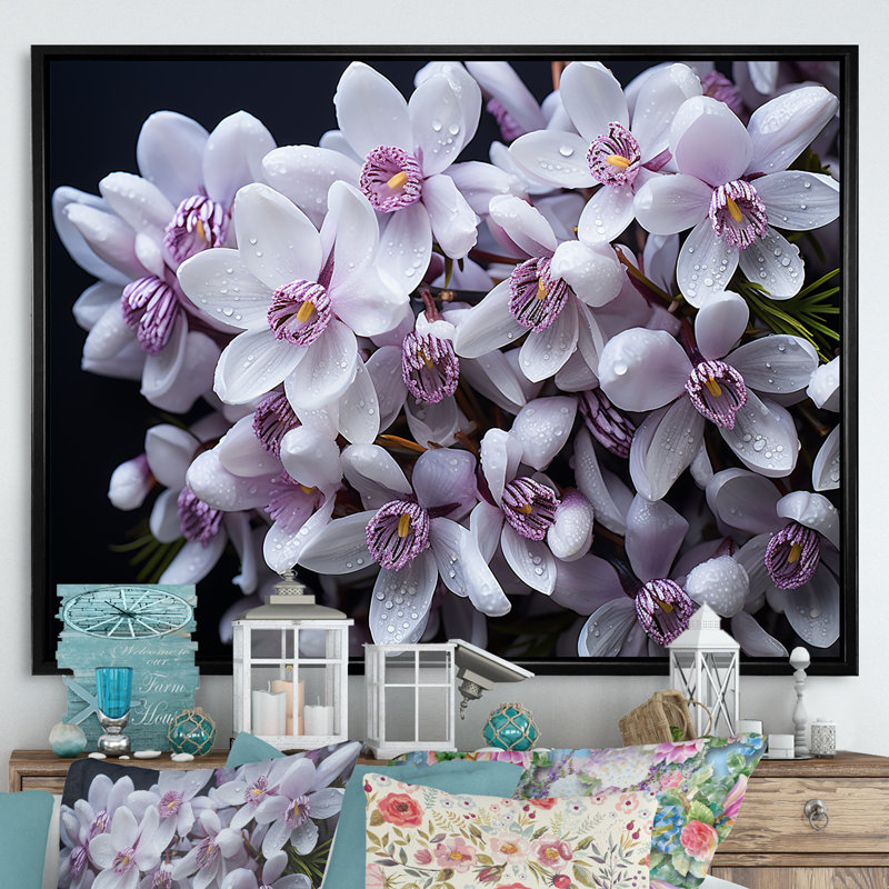 " Lavender Snowdrops Winter Flower I ", 34" H x 44" W x 1.5" D, Black Floater Framed