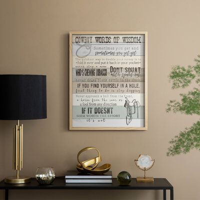 Cowboy Words Of Wisdom, reproduction encadrée - bois massif