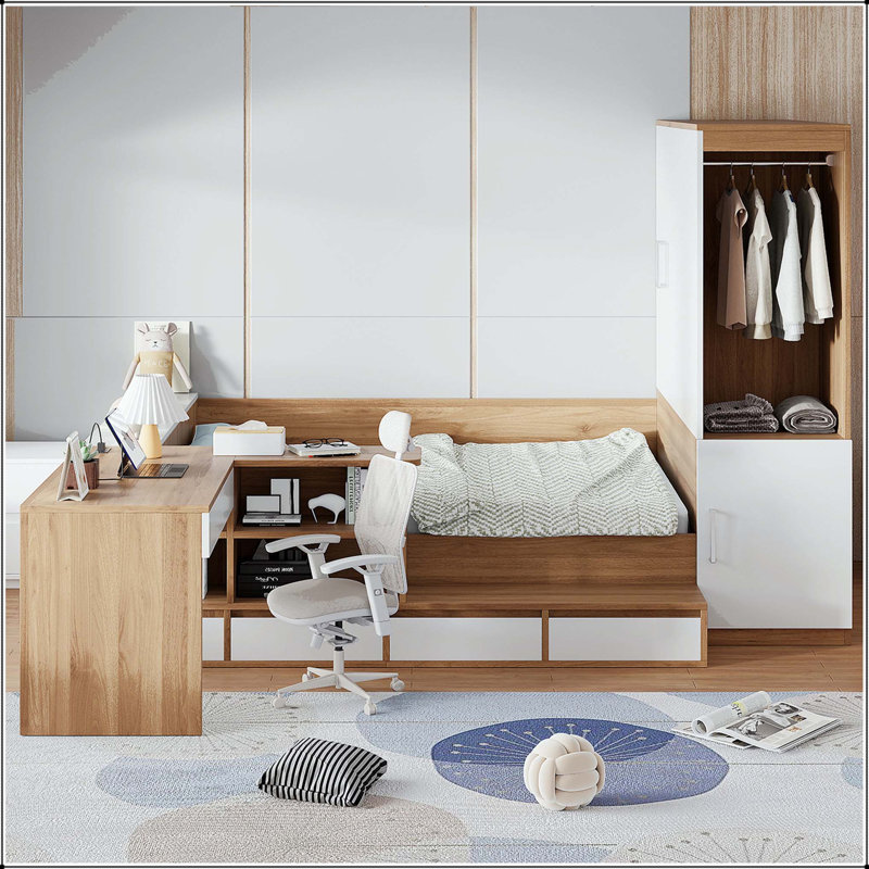 Lit plateforme double en bois avec 6 tiroirs, bureau, tablettes et garde-robe, Naturel