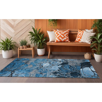 8' Runner Blue and Grey Floral Washable Non Skid Indoor Outdoor Runner Rug