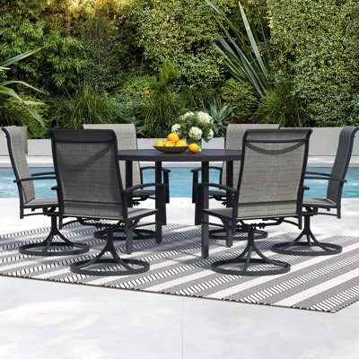 7-Piece Outdoor Dining Set For 6 – 47" Black Round Outdoor Table With Umbrella Hole & 6 Blue Patio Swivel Chairs, All-Weather Patio Furniture by Ebern Designs