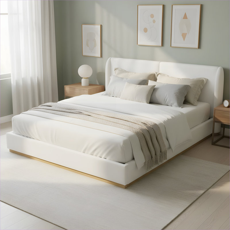 Très grand lit plateforme, mobilier de chambre à coucher, lit à oreilles blanc bouclé avec base en bois massif fermée