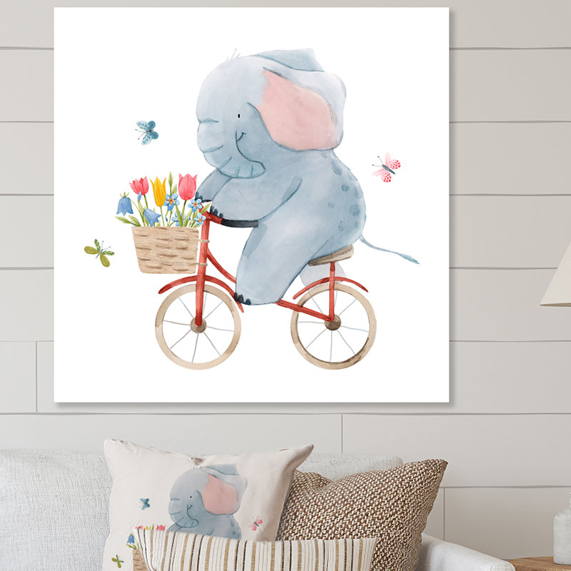 Illustration d'un éléphanteau sur un vélo - Peinture, L 30 po x H 30 po, Toile tendue
