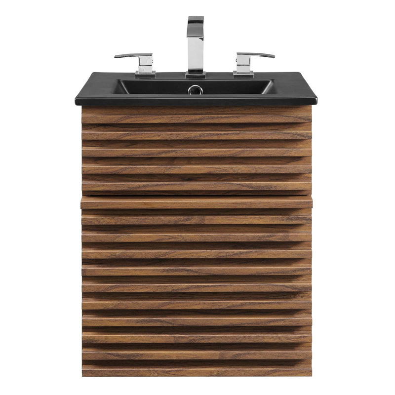Render 18" Walnut Black Wall-Mount Bathroom Vanity with Ceramic Sink