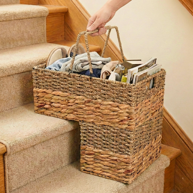 L-Shaped Stair Basket with Carry Handles, Handwoven Seagrass & Water Hyacinth Stair-Step Organizer with Reinforced Metal Frame, 16.1" H x 16.1" L x 10" W