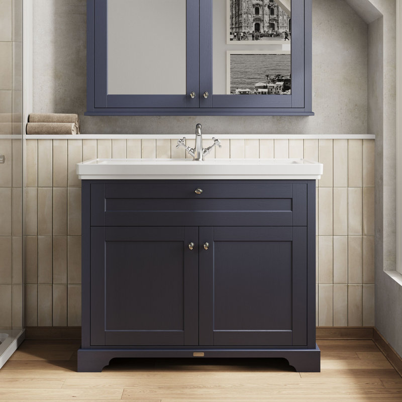 Old London 1000mm Storm Grey 2 Door Floor Standing Vanity Unit With 1 Tap Hole Fireclay Basin, Twilight Blue