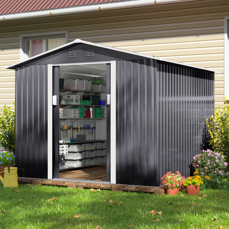 Dark Gray 8'x8' Metal Outdoor Storage Shed with Sliding Doors