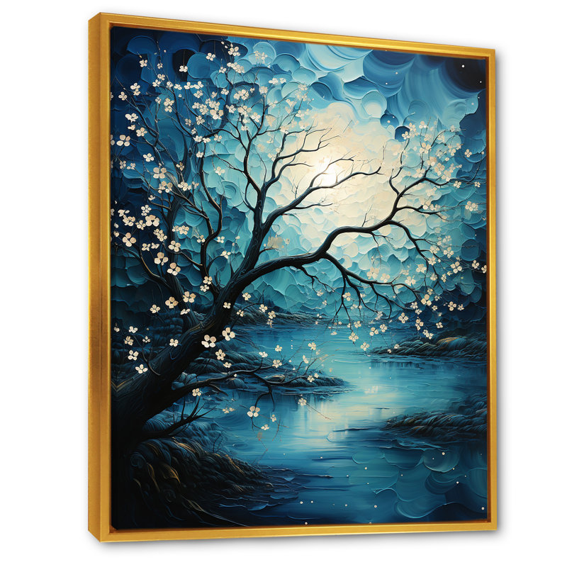 Clair de lune azuré, rivière mystique I sur toile, Cadre flottant doré, H 44 po x l 34 po x P 1,5 po