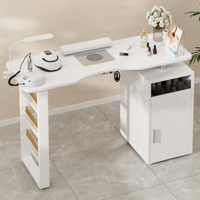 Manicure Table Salon Nail Table with Shelves, Acetone Resistant Salon Furniture Equipment w/Dust Collector, Single Cabinet, Drawers, LED Lamp & Client Wrist Pad