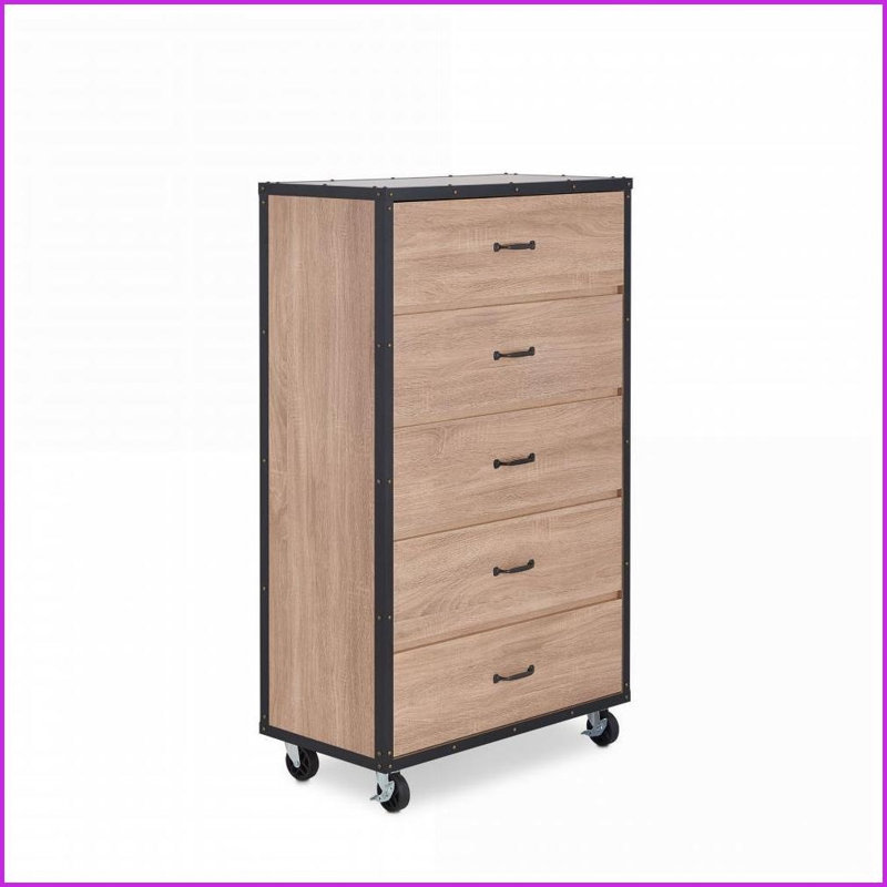 Chests &amp; Wardrobes, Industrial Weathered Light Oak 5-Drawer Chest with Casters | Light Oak | MDF,Synthetic Wood