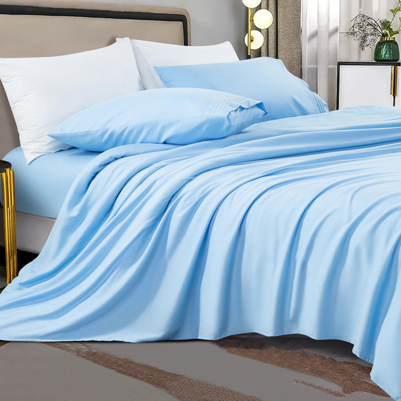 6 Pieces Bamboo Cooling Bed Sheets Set - 16" Deep Pockets, Lake Blue, King Sheet Set + 1 Fitted Sheet + 4 Pillowcases